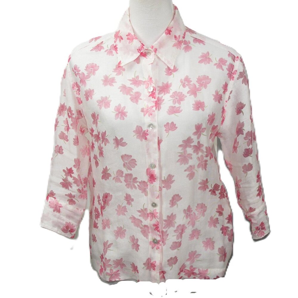 Notations Pink Floral Sheer 3/4 Sleeve Blouse Size Small